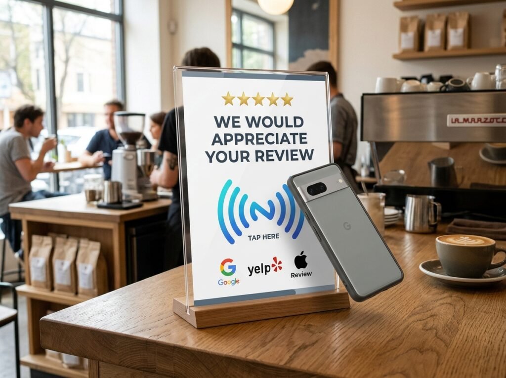 7x5 inch custom NFC acrylic countertop review tap sign for Google Yelp and Apple reviews