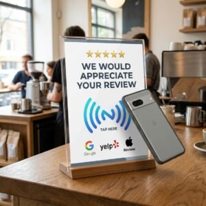 7x5 inch custom NFC acrylic countertop review tap sign for Google Yelp and Apple reviews