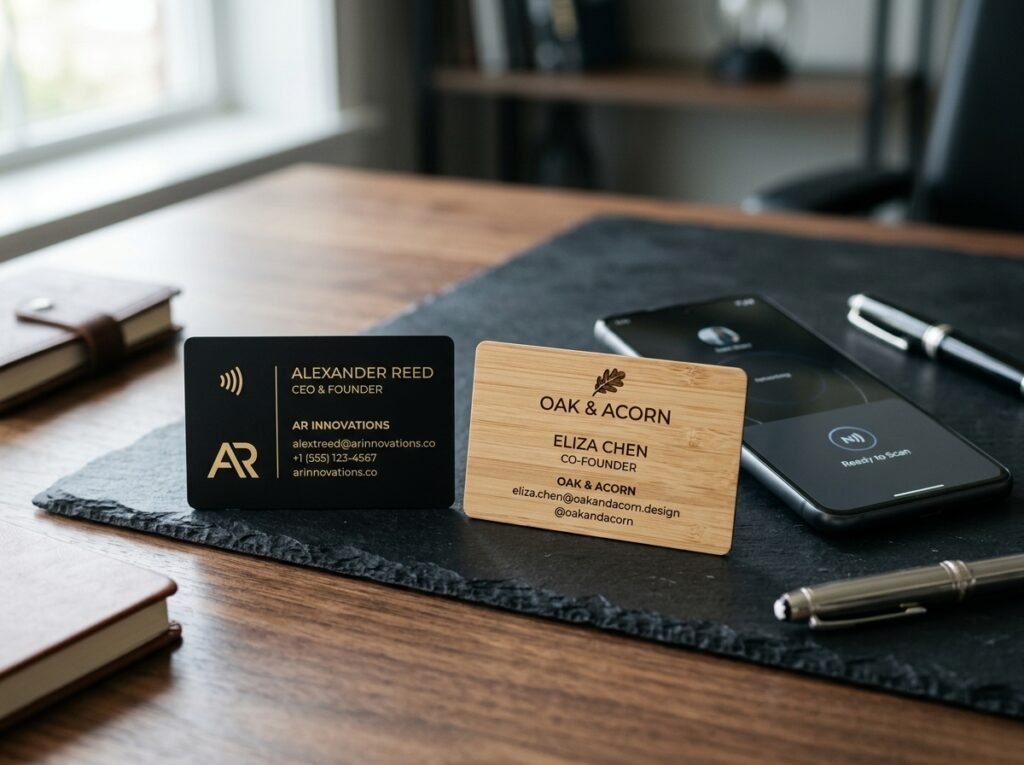 Matte black and bamboo wood custom NFC business cards with tap to connect