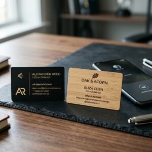 Matte black and bamboo wood custom NFC business cards with tap to connect