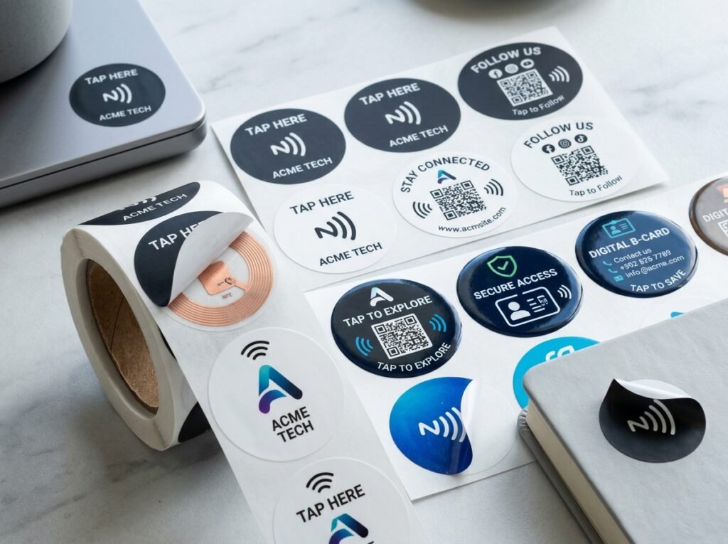 Roll and sheet of custom printed programmable NFC stickers with visible chip inlay