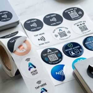 Roll and sheet of custom printed programmable NFC stickers with visible chip inlay